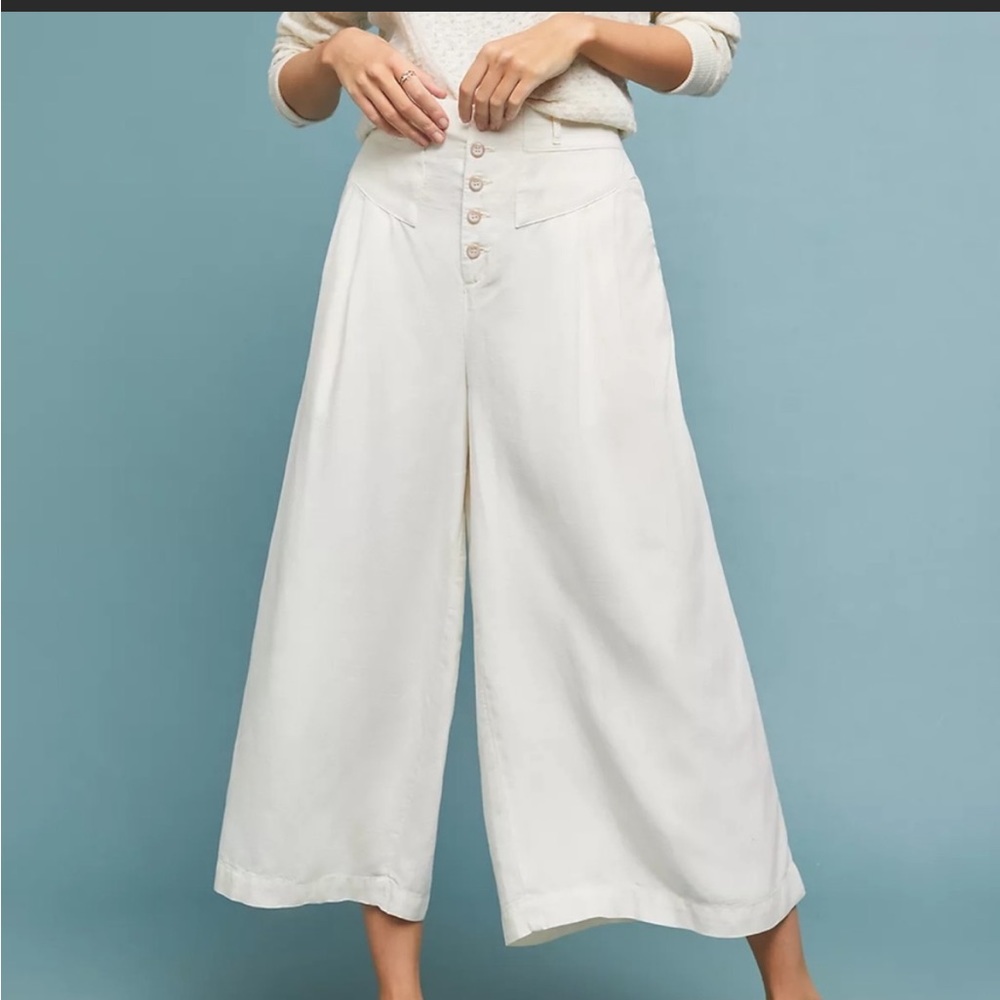 Anthropologie Cream Wide-Leg Cropped Pants
